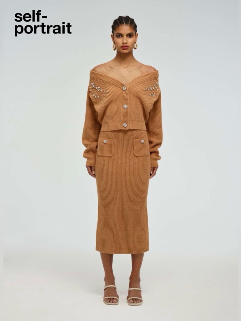 Self-Portrait Camel knitted midi skirt Small Ribbed Knit Bodycon Casual Fall New